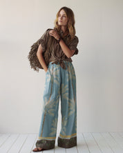 Shop Summum Woman Wide Leg Trouser Palm Tree Print Glacier Blue - Summum Woman