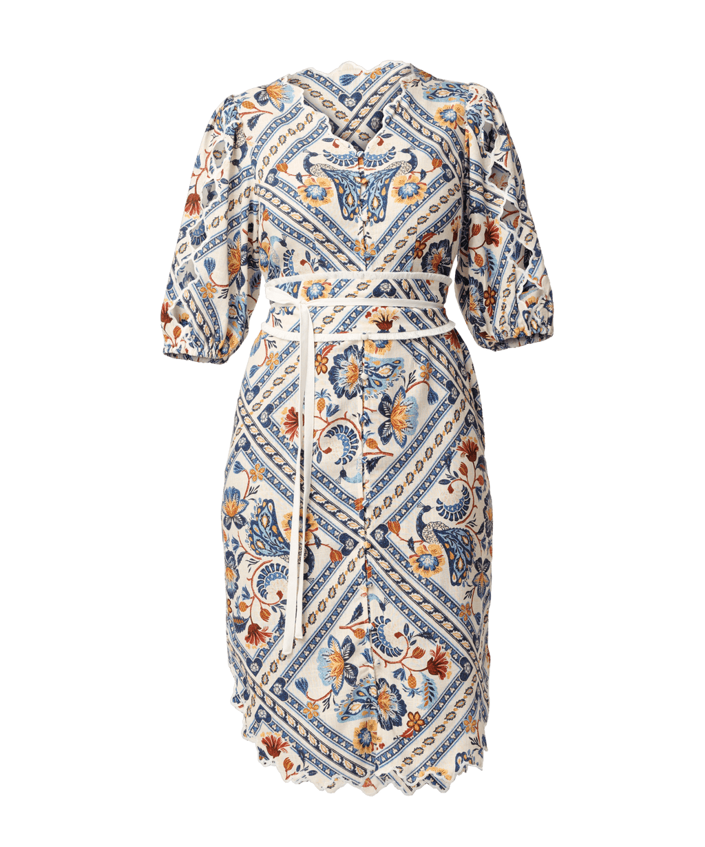Shop Theia Viscose Scallop Embroidered Dress in Petinos Floros - OnceWas