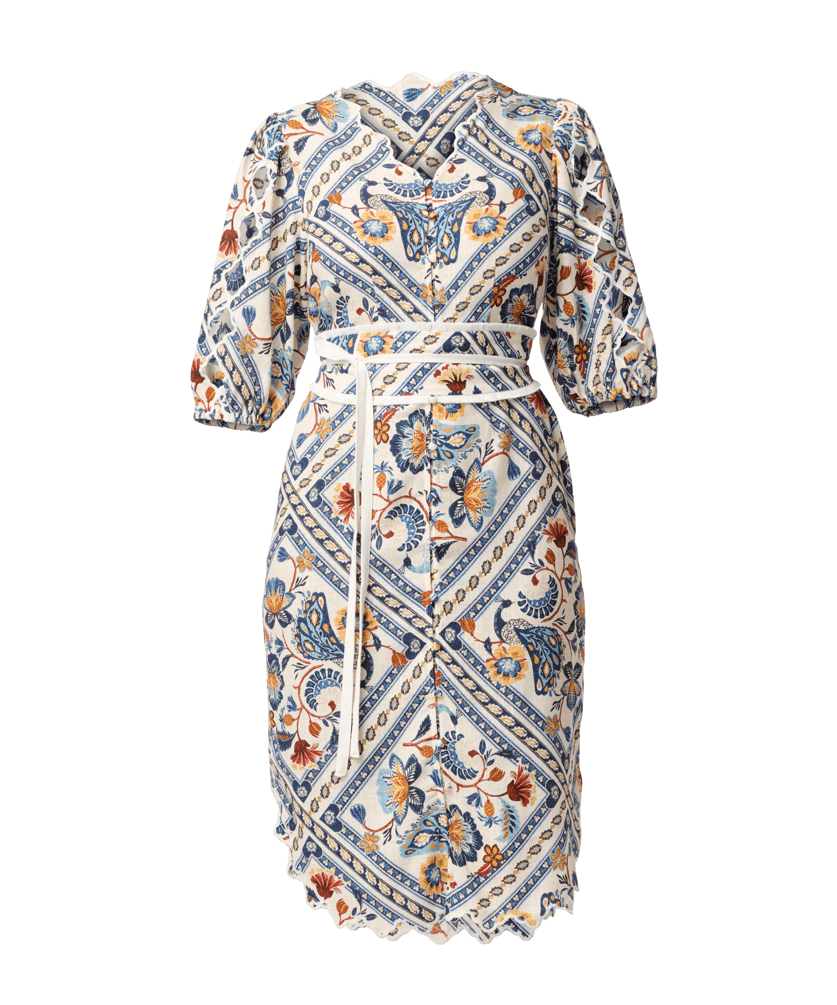 Shop Theia Viscose Scallop Embroidered Dress in Petinos Floros - OnceWas