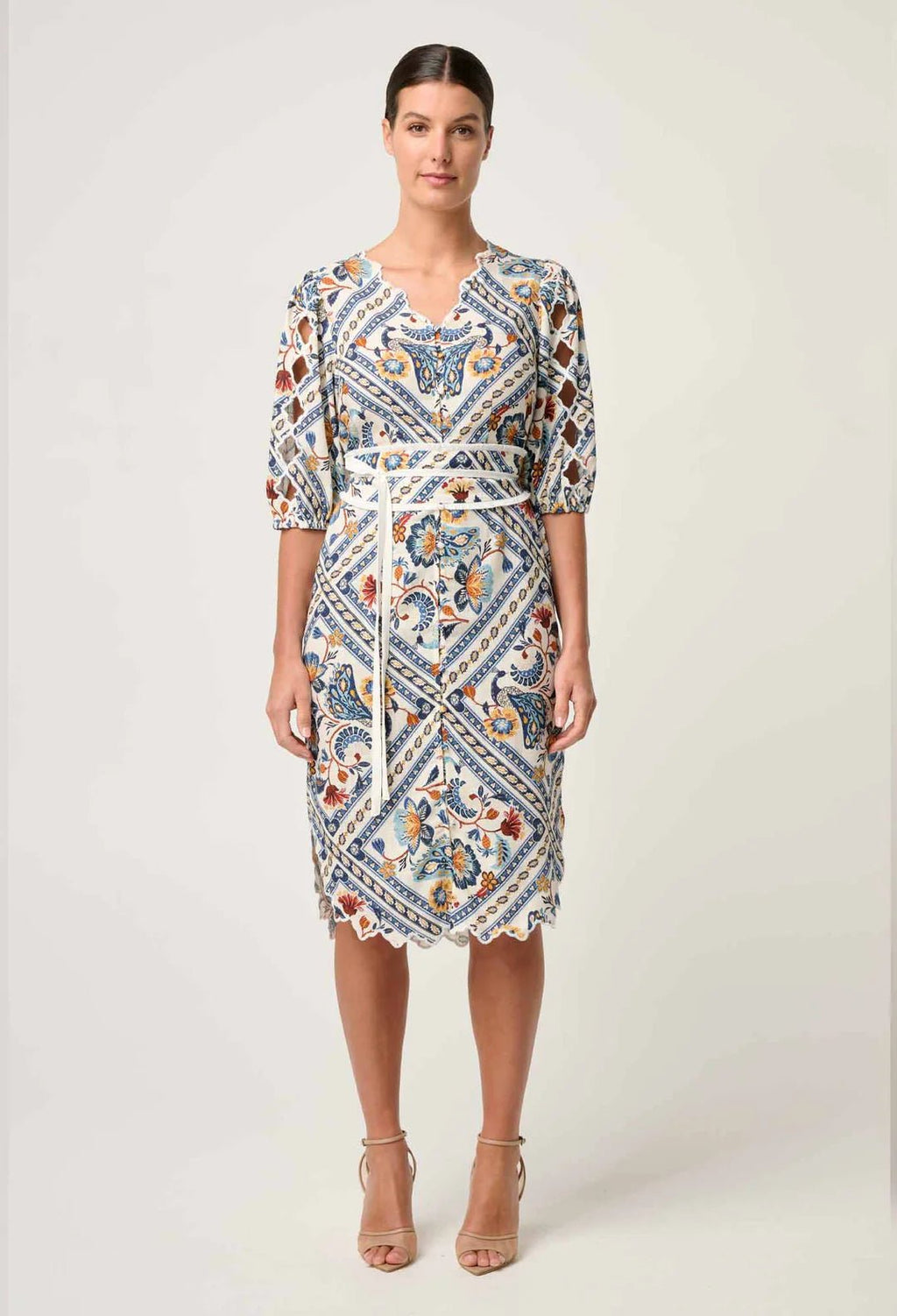 Shop Theia Viscose Scallop Embroidered Dress in Petinos Floros - OnceWas
