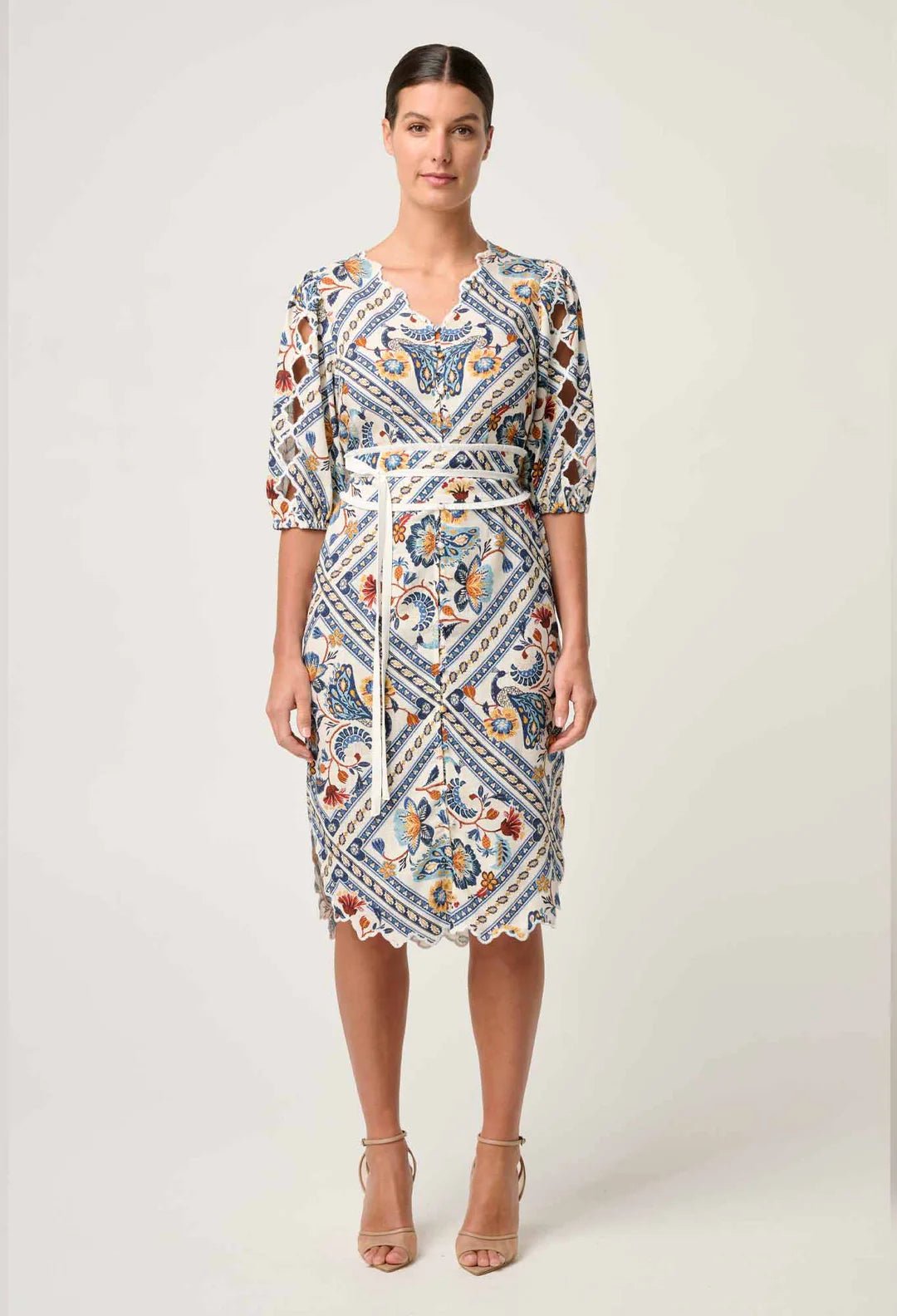 Shop Theia Viscose Scallop Embroidered Dress in Petinos Floros - OnceWas