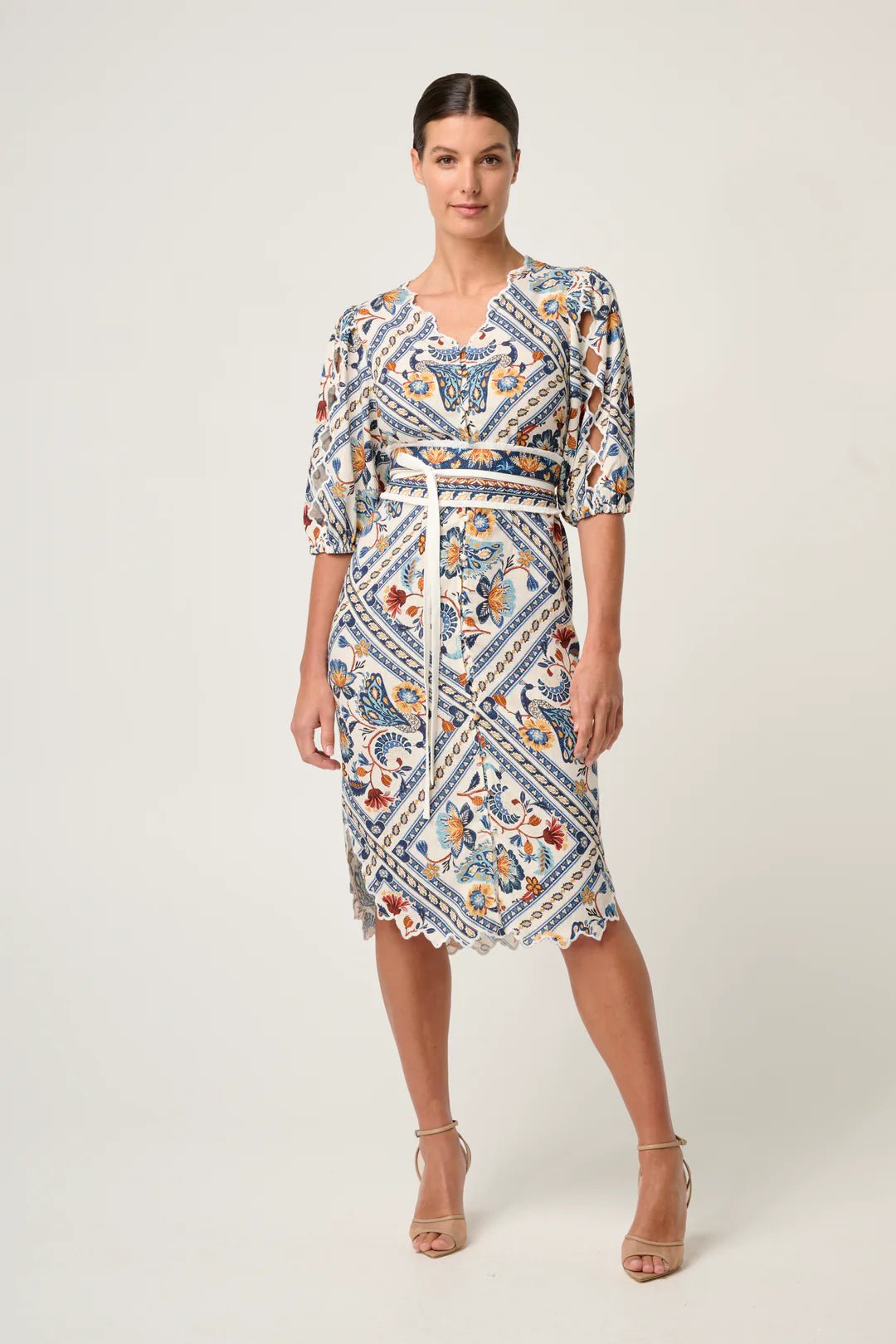 Shop Theia Viscose Scallop Embroidered Dress in Petinos Floros - OnceWas