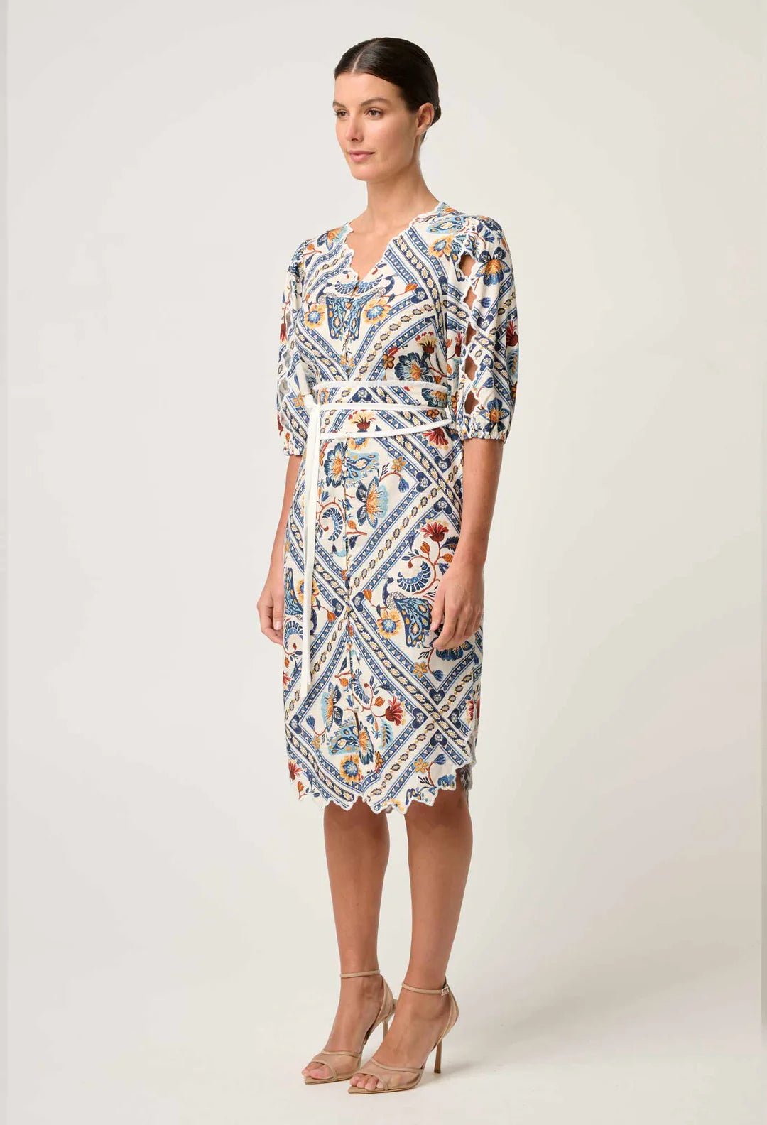Shop Theia Viscose Scallop Embroidered Dress in Petinos Floros - OnceWas