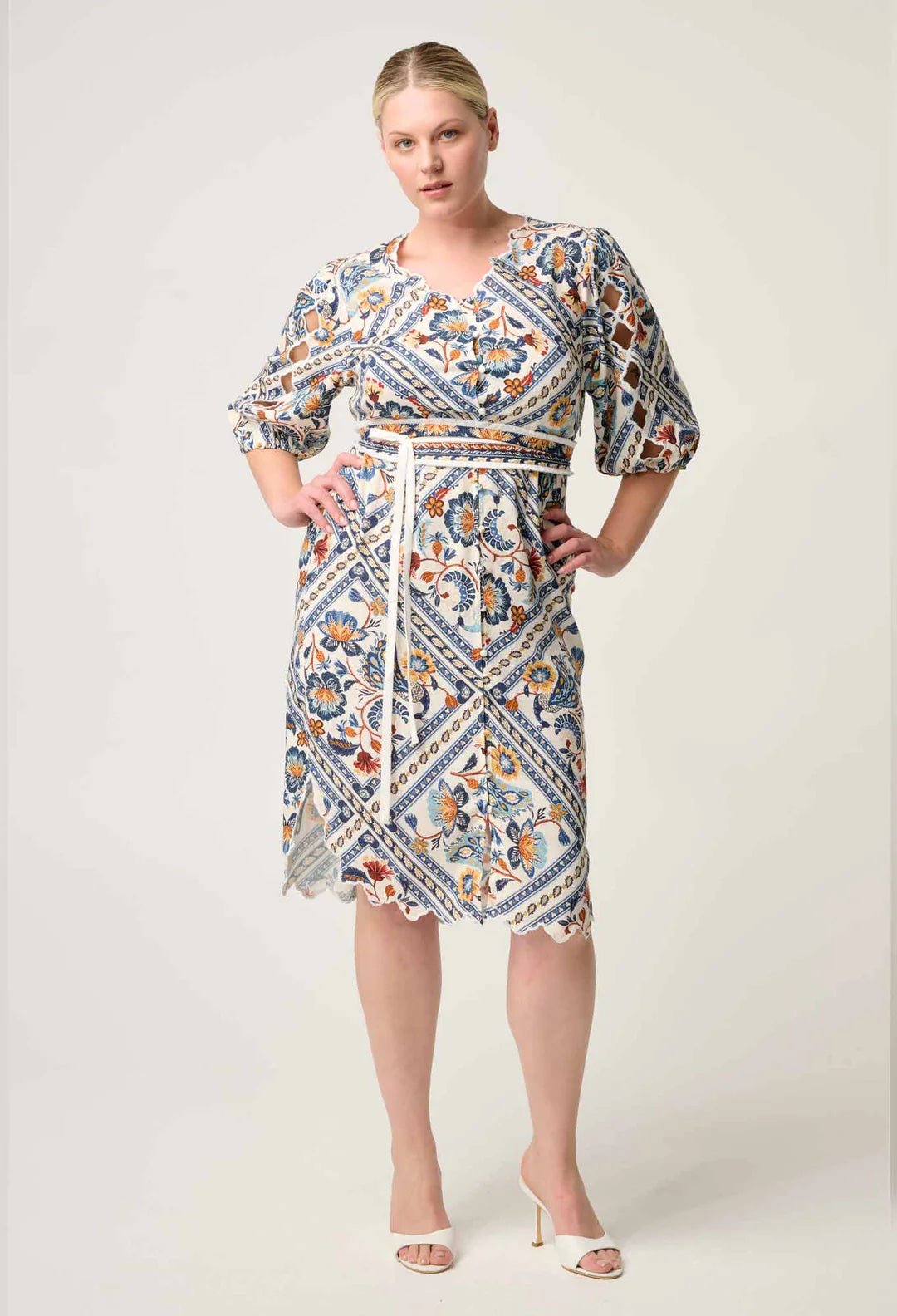 Shop Theia Viscose Scallop Embroidered Dress in Petinos Floros - OnceWas