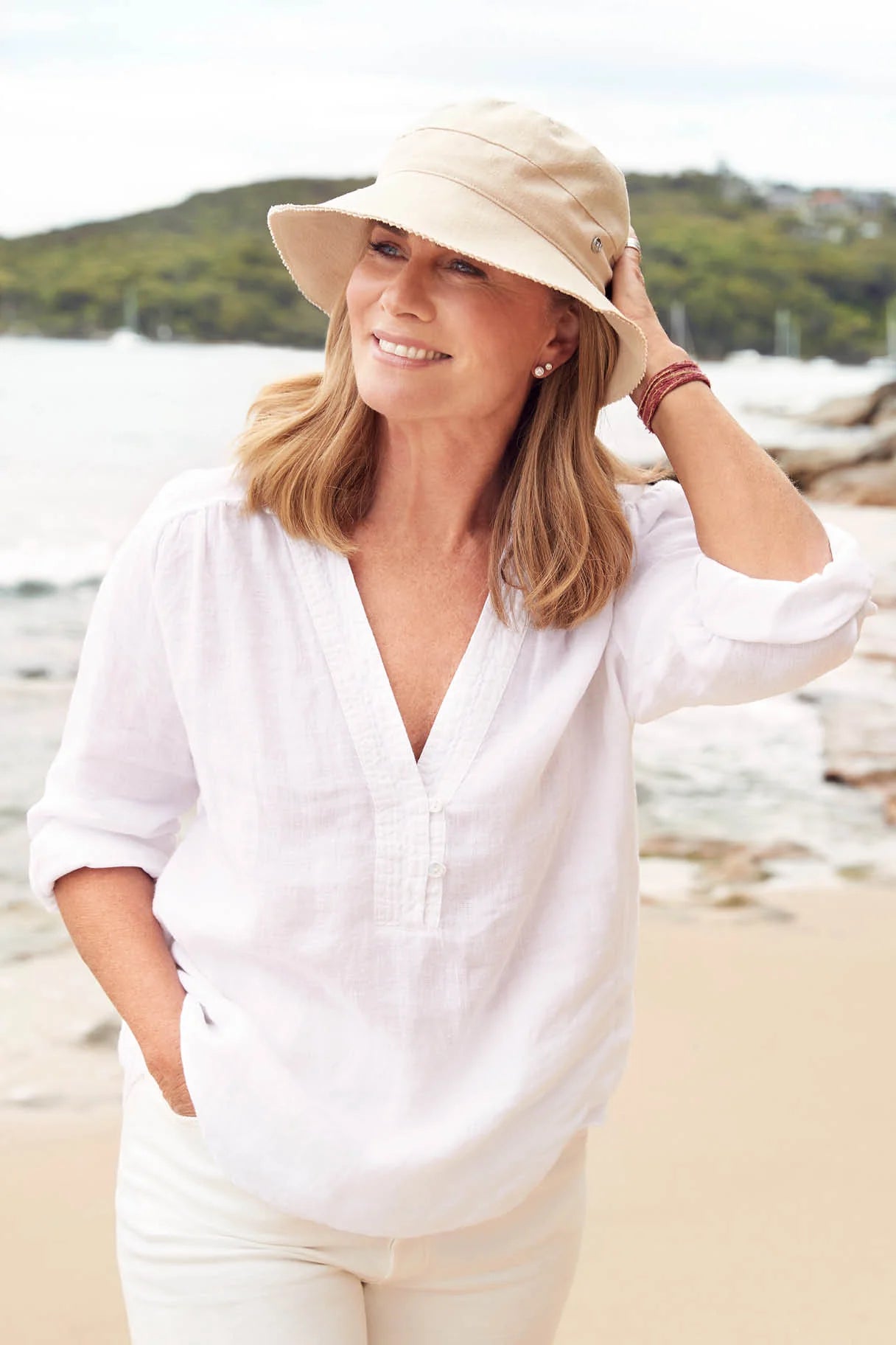 Shop Tilba Linen Bucket Hat by Deborah Hutton | Natural / Light Blue - Canopy Bay