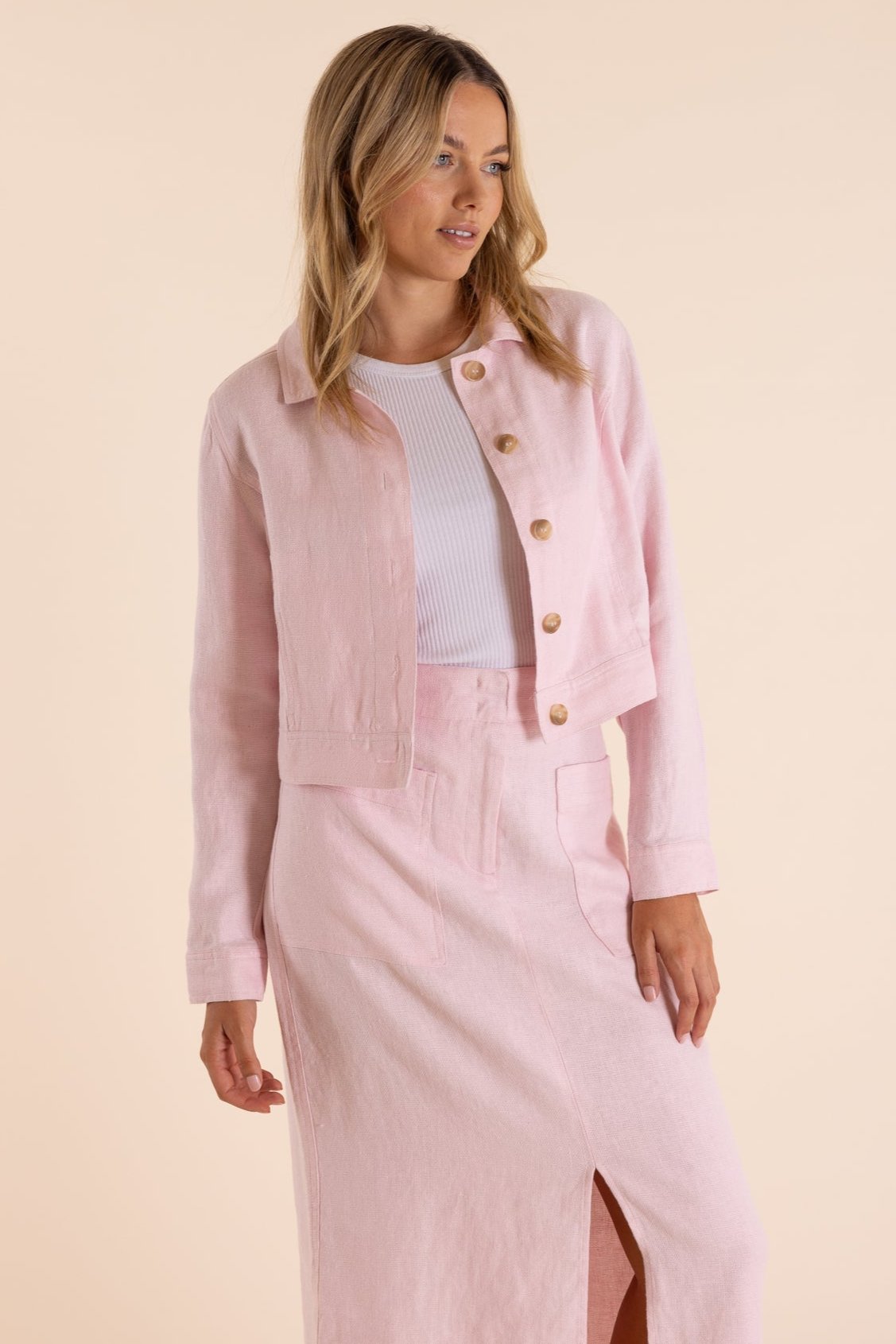 Shop Two T's Linen Cropped Jacket | Pink Rose - Two T's