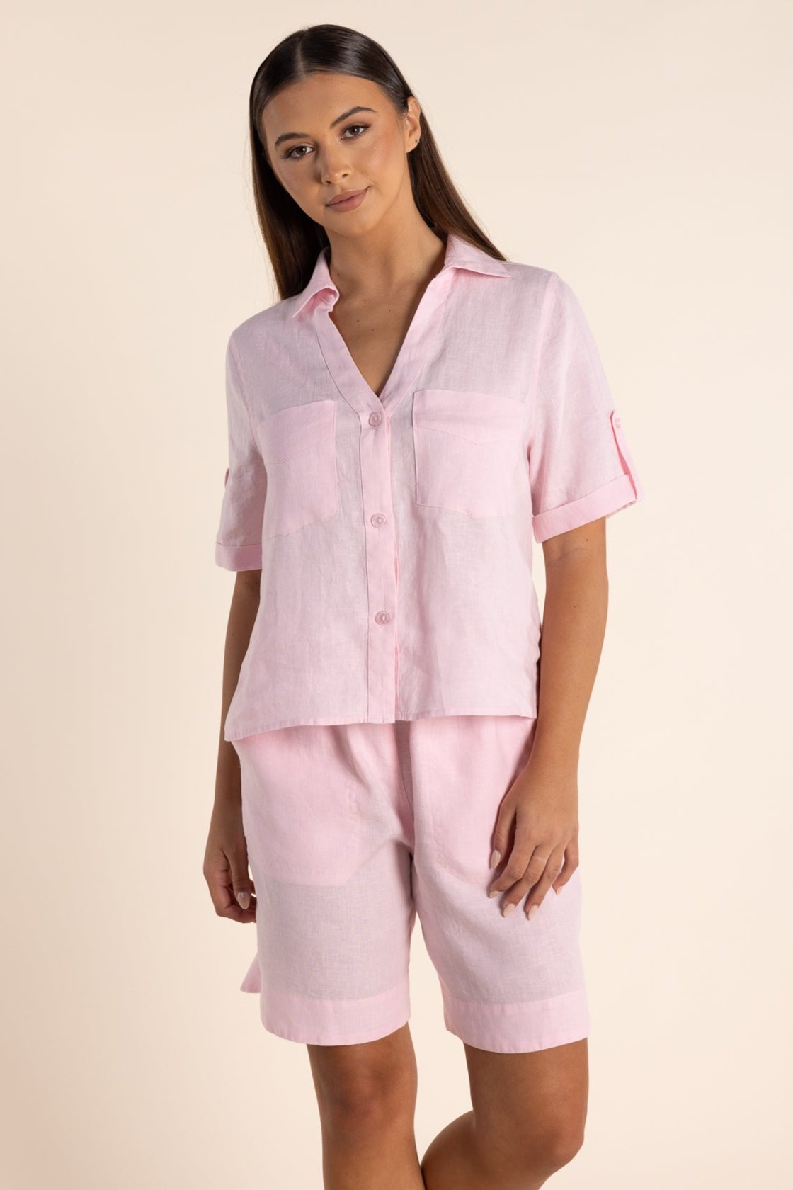 Shop Two T's Linen Short Sleeve Shirt | Pink Rose / White - Two T's