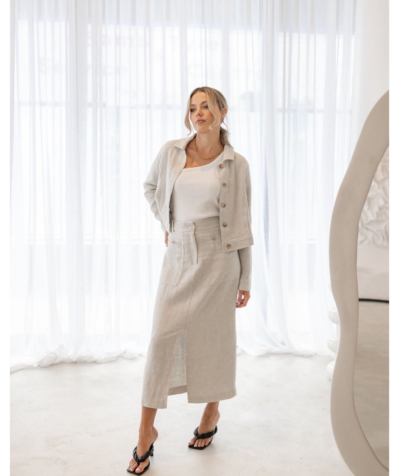 Shop Two T's Midi Skirt in Textured Linen | Natural Flax - Two T's