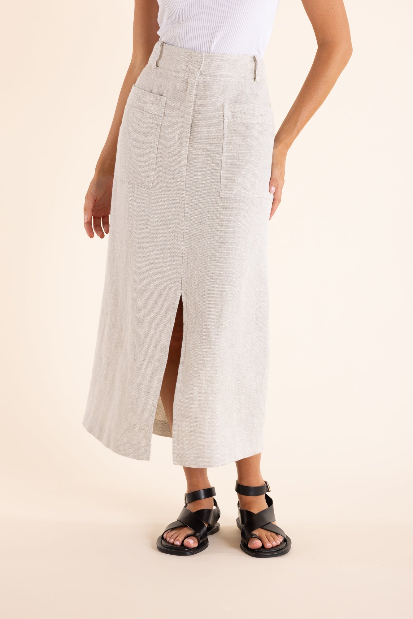 Shop Two T's Midi Skirt in Textured Linen | Natural Flax - Two T's