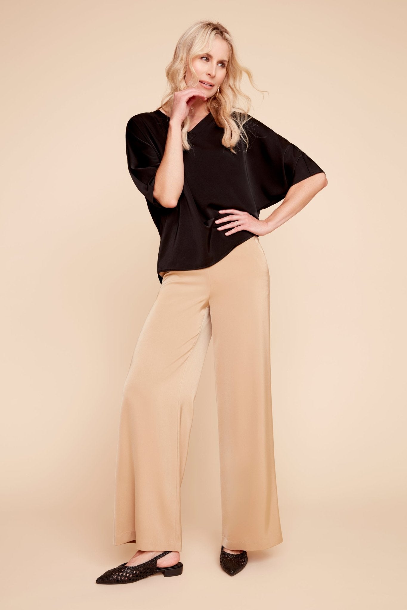 Shop UP! Pants Belize Satin Short Sleeve V Neck Top - UP! Pants