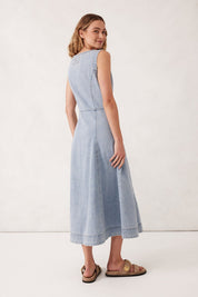 Shop V - Neck Flared Soft Drape Denim Midi Dress - Ceres Life