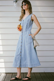 Shop V - Neck Flared Soft Drape Denim Midi Dress - Ceres Life