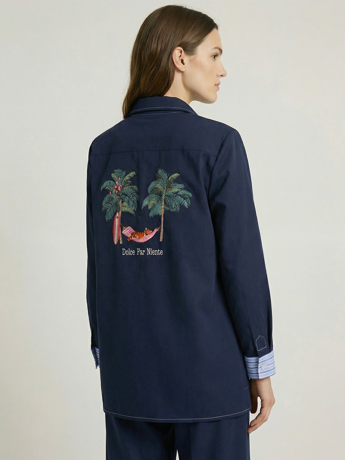 Shop Vilagallo Frederica Navy Blue Stretch Embroidered Jacket with Colored Buttons - Vilagallo