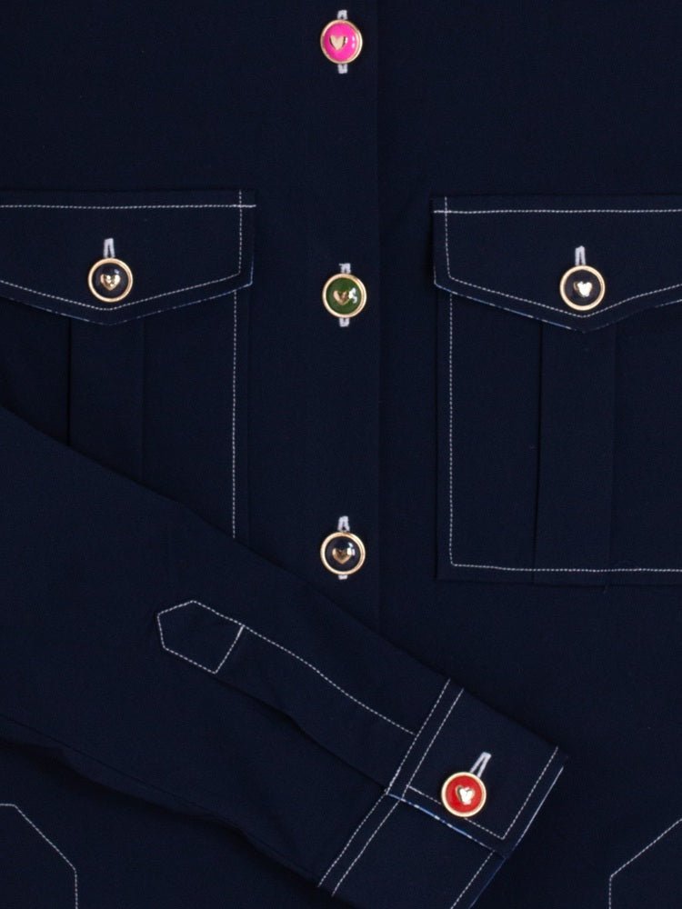 Shop Vilagallo Frederica Navy Blue Stretch Embroidered Jacket with Colored Buttons - Vilagallo