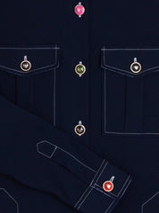 Shop Vilagallo Frederica Navy Blue Stretch Embroidered Jacket with Colored Buttons - Vilagallo