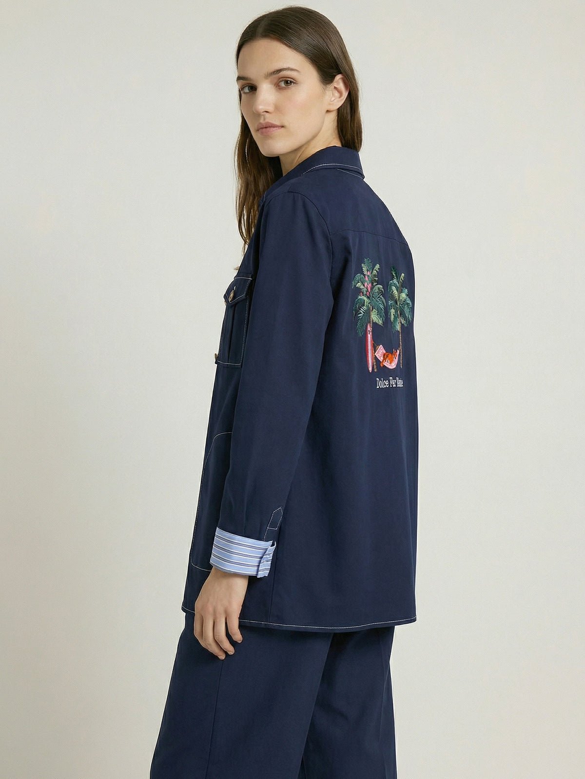 Shop Vilagallo Frederica Navy Blue Stretch Embroidered Jacket with Colored Buttons - Vilagallo