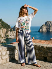 Shop Vilagallo Pleated Stripe Navy/White Trousers - Vilagallo