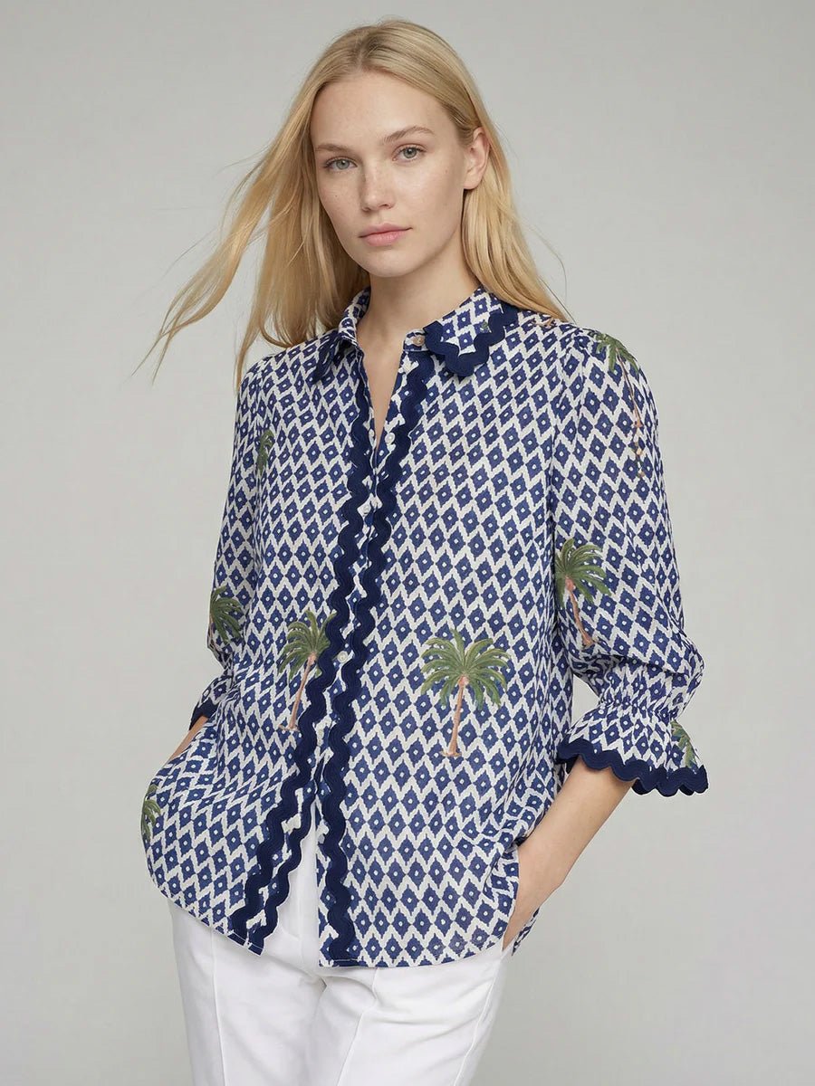 Shop Vilagallo Puff Sleeve Ikat Palmera Print Shirt - Vilagallo