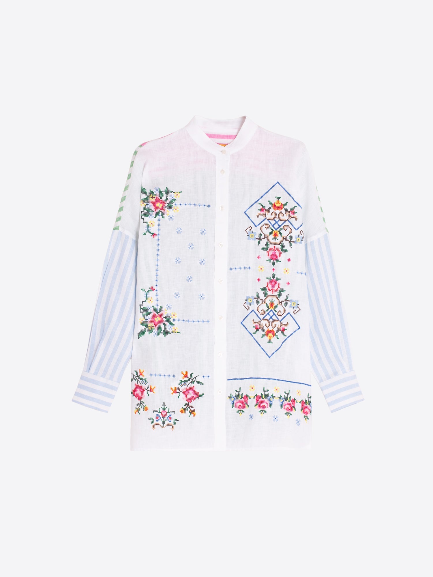 Shop Vilagallo Stripe Linen Embroidered Shirt - Vilagallo