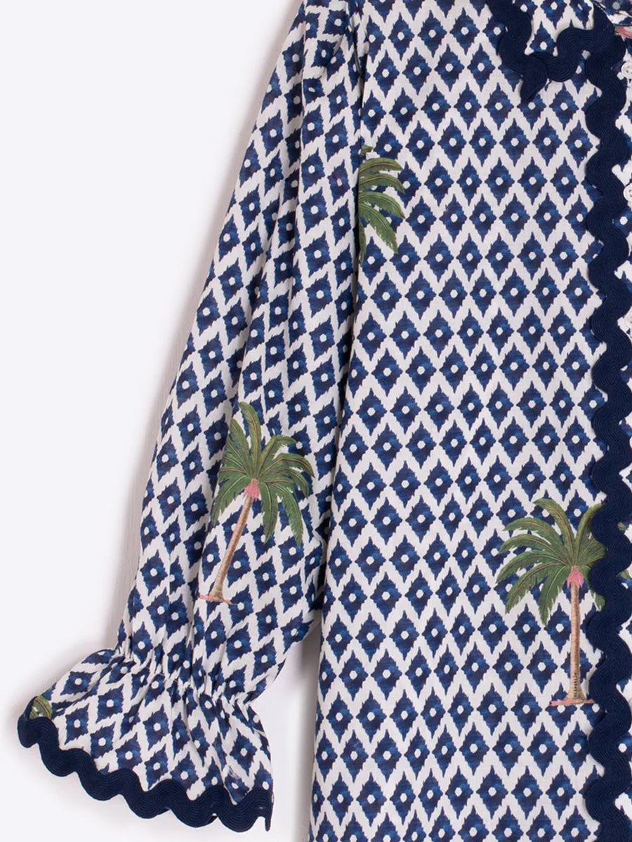 Vilagallo Puff Sleeve Ikat Palmera Print Shirt
