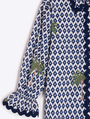 Vilagallo Puff Sleeve Ikat Palmera Print Shirt
