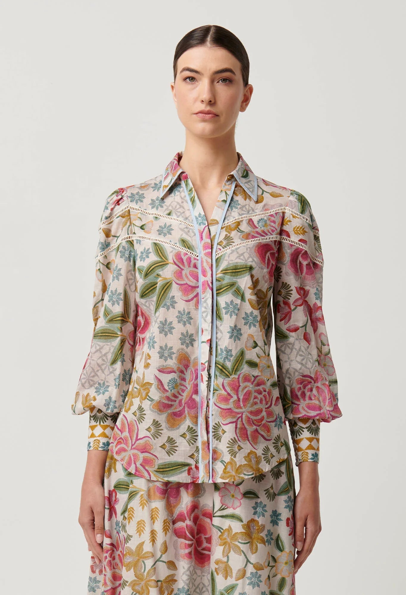 Shop Wren Lace Cotton Slub Shirt in Azalea Fields - OnceWas