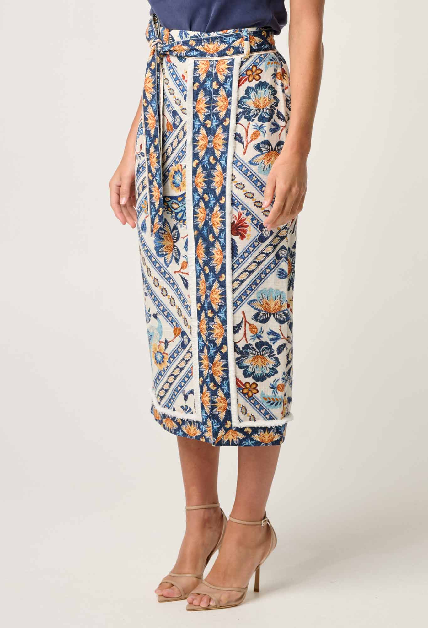 Shop Zenobia Fringe Midi Skirt in Petinos Floros - OnceWas