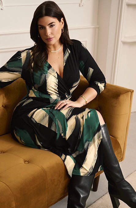 Shop Abstract Print Wrap Dress Style 233127 │ Black Multi - Joseph Ribkoff