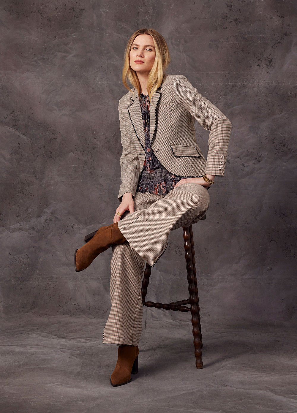 Shop Agatha Jacket | Khaki Houndstooth - Loobies Story