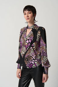 Shop Animal Print Georgette Top with Puff Sleeves Style 234174 | Black Multi - Joseph Ribkoff