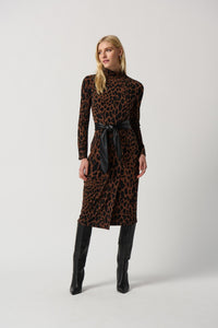 Shop Animal Print Silky Knit Dress with Faux Leather Belt Style 234258 │ Toffee/Black - Joseph Ribkoff