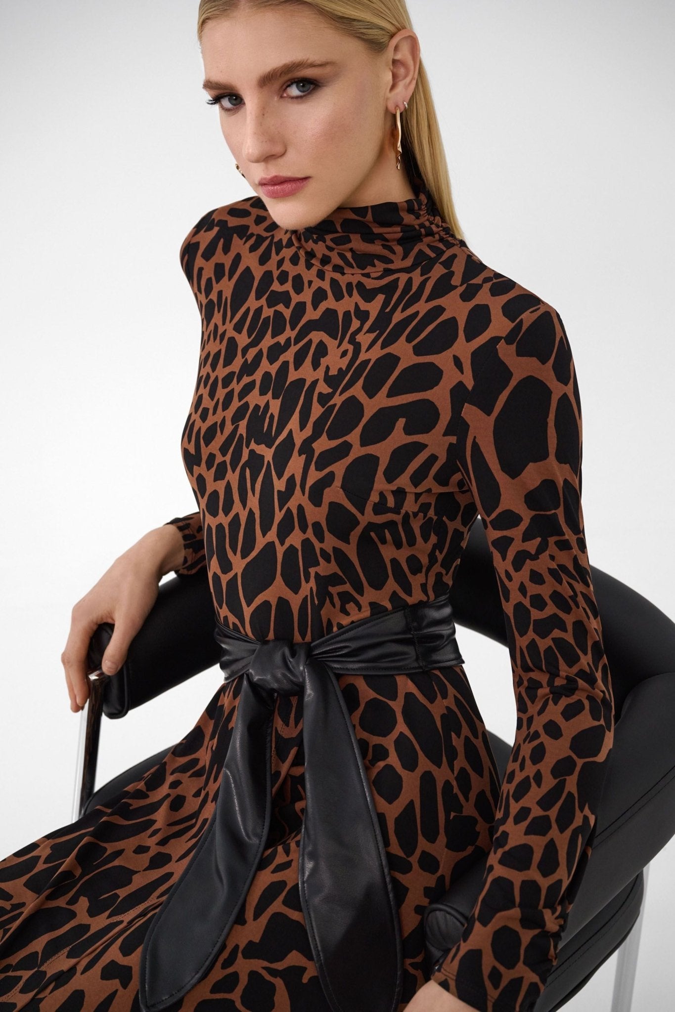 Shop Animal Print Silky Knit Dress with Faux Leather Belt Style 234258 │ Toffee/Black - Joseph Ribkoff