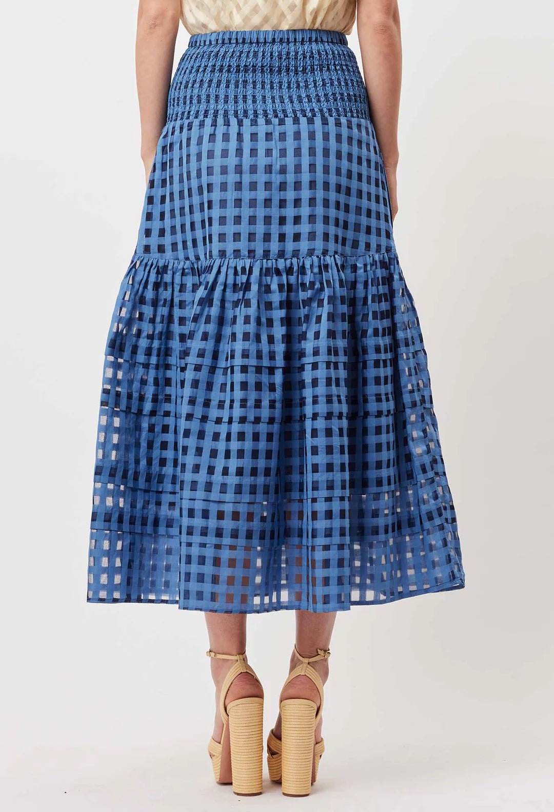 Shop Antigua Cotton Silk Self-Check Maxi Layered Skirt │ Laguna Blue - ONCEWAS