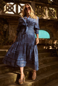 Shop Antigua Cotton Silk Self-Check Maxi Layered Skirt │ Laguna Blue - ONCEWAS