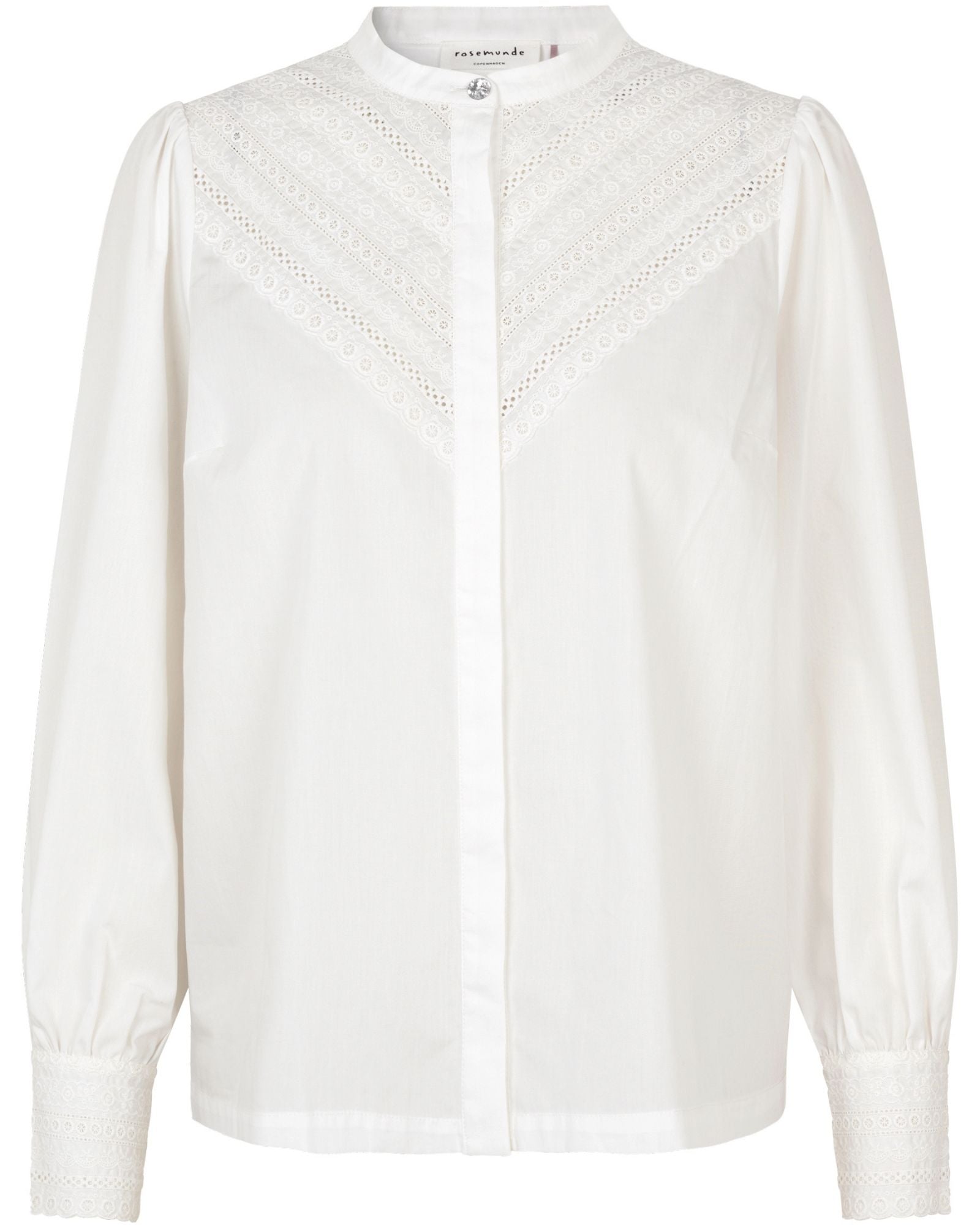 Shop Broderie Angalise Button Through Blouse in White Organic Cotton - Rosemunde Front