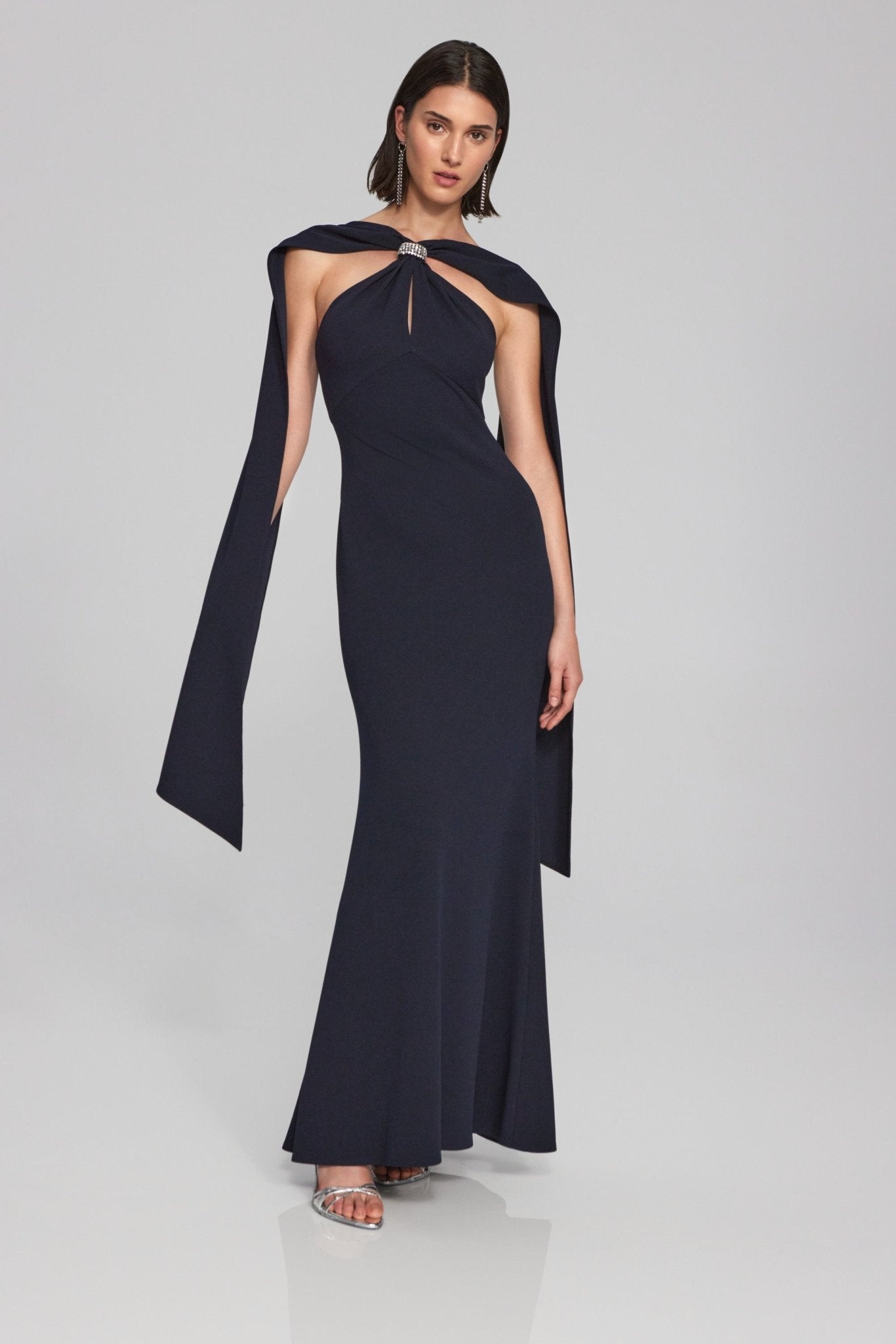 Crepe Trumpet Gown with Rhinestone Detail Style 241786 Midnight Blue