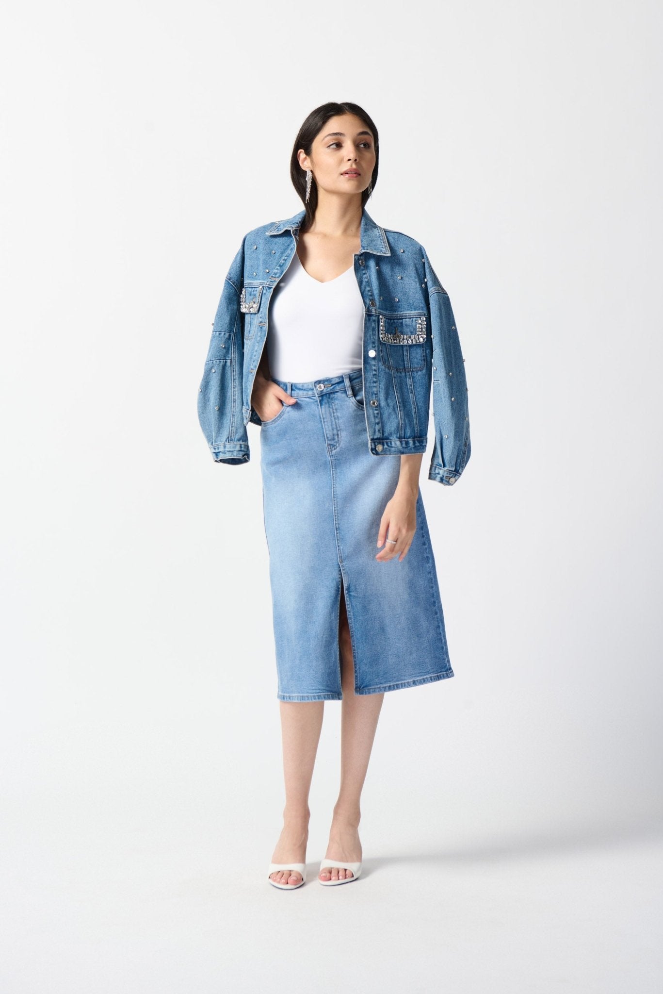 Shop Denim A-Line Skirt Style 242919 | Light Blue - Joseph Ribkoff
