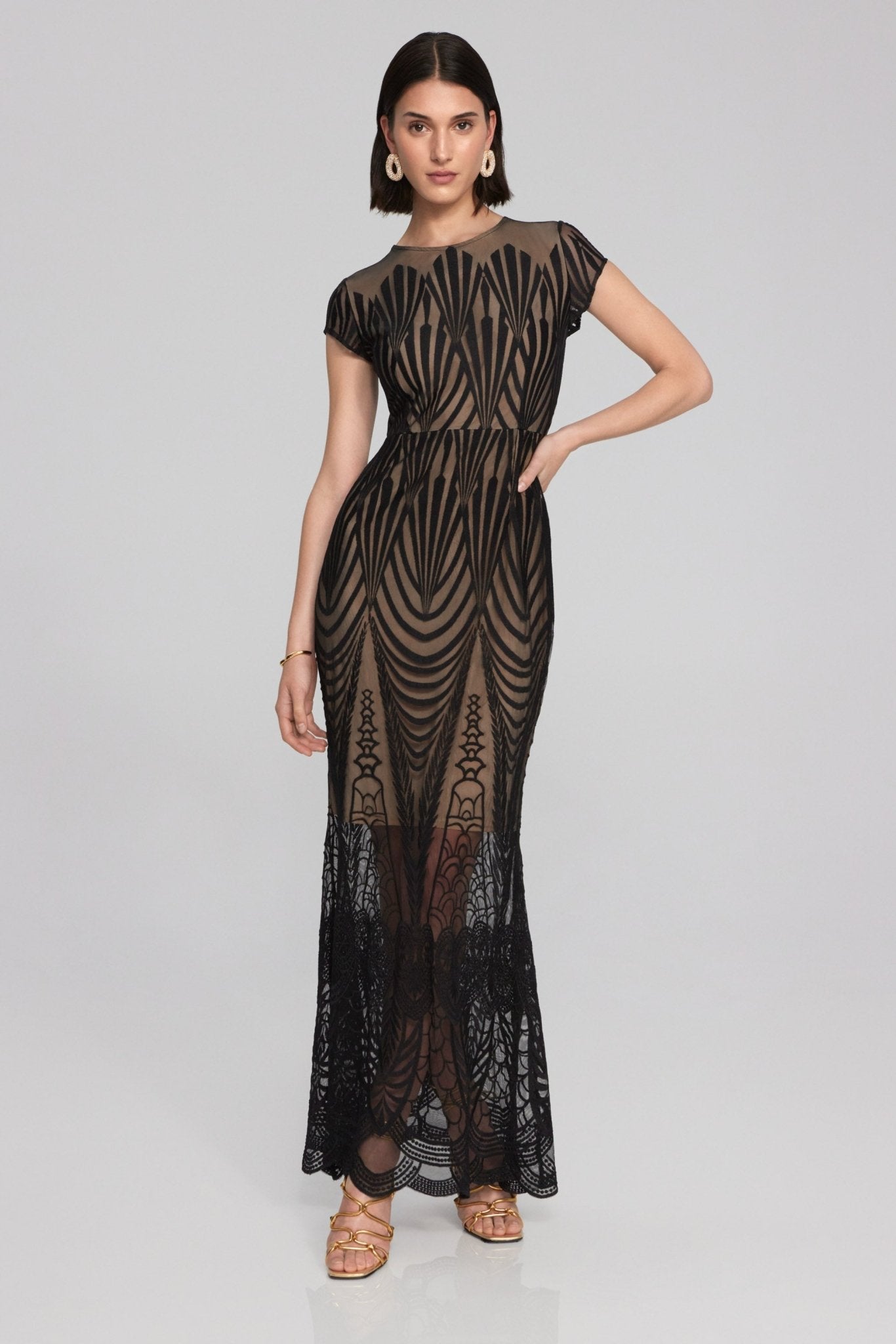 Shop Embroidered Lace Trumpet Gown Style 241776 | Black/Nude - Joseph Ribkoff