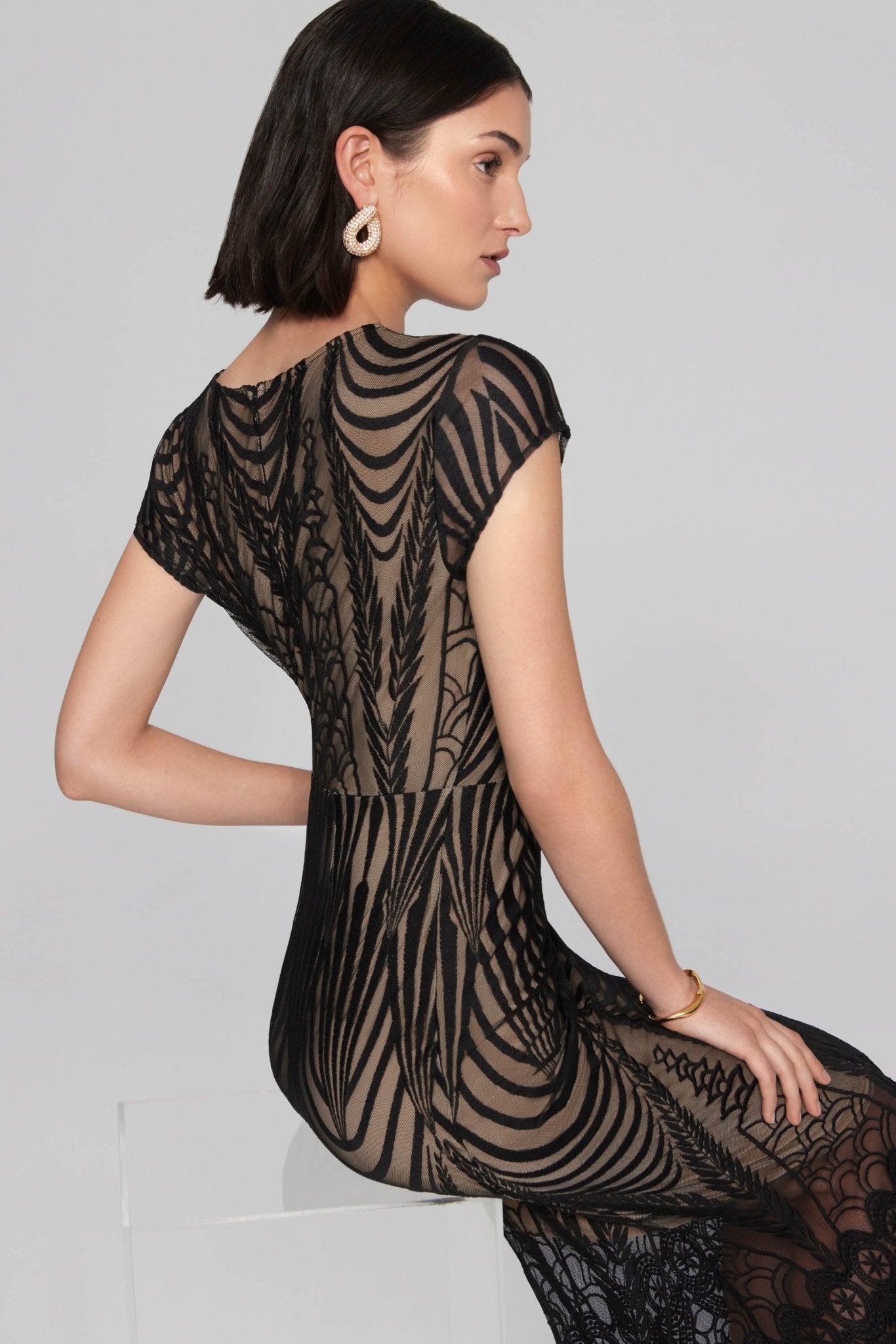 joseph ribkoff black lace dress JOSEPH RIBKOFF Black Stretch Lace Sequin Hi-Low Hem Dress US 8 UK 10