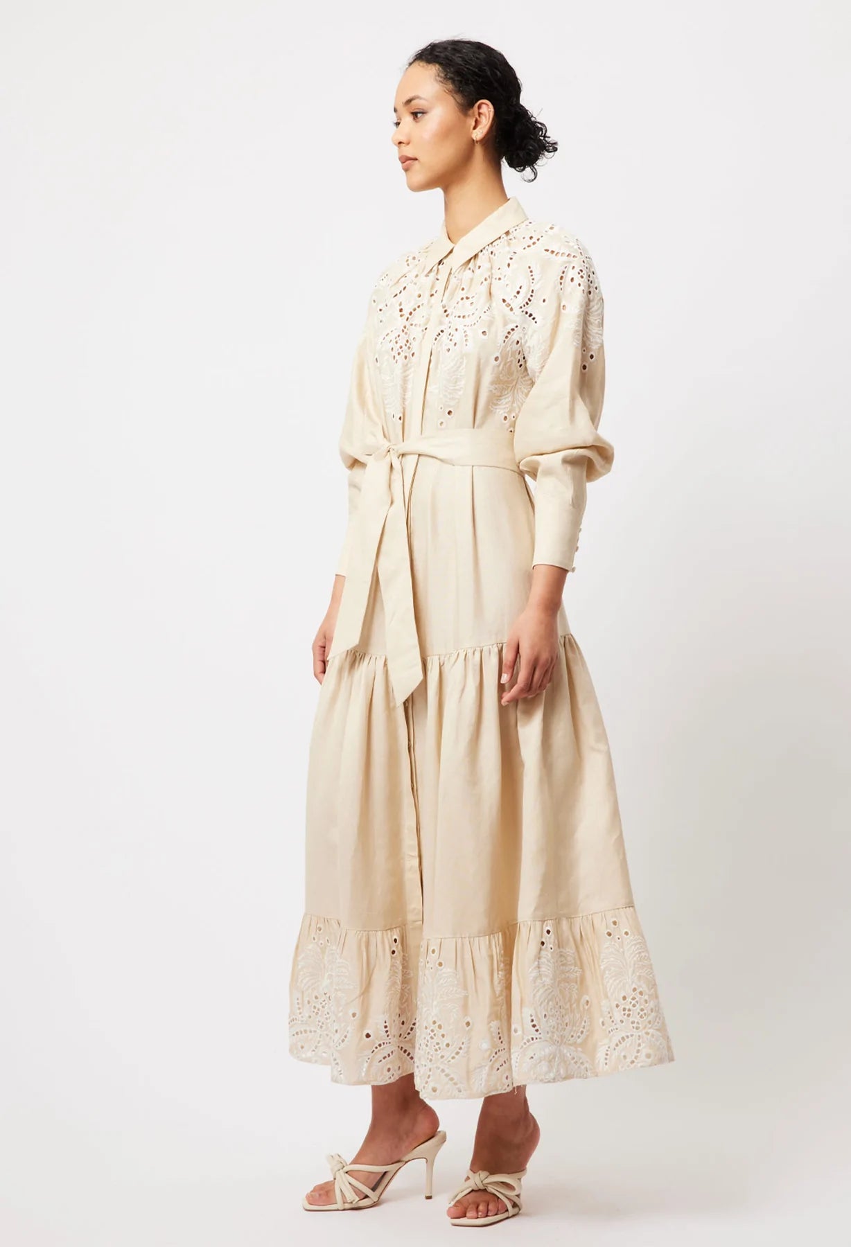 Shop Estelle Embroidered Linen Dress │ Sand - ONCEWAS