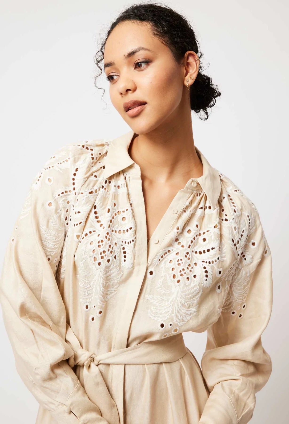 Shop Estelle Embroidered Linen Dress │ Sand - ONCEWAS