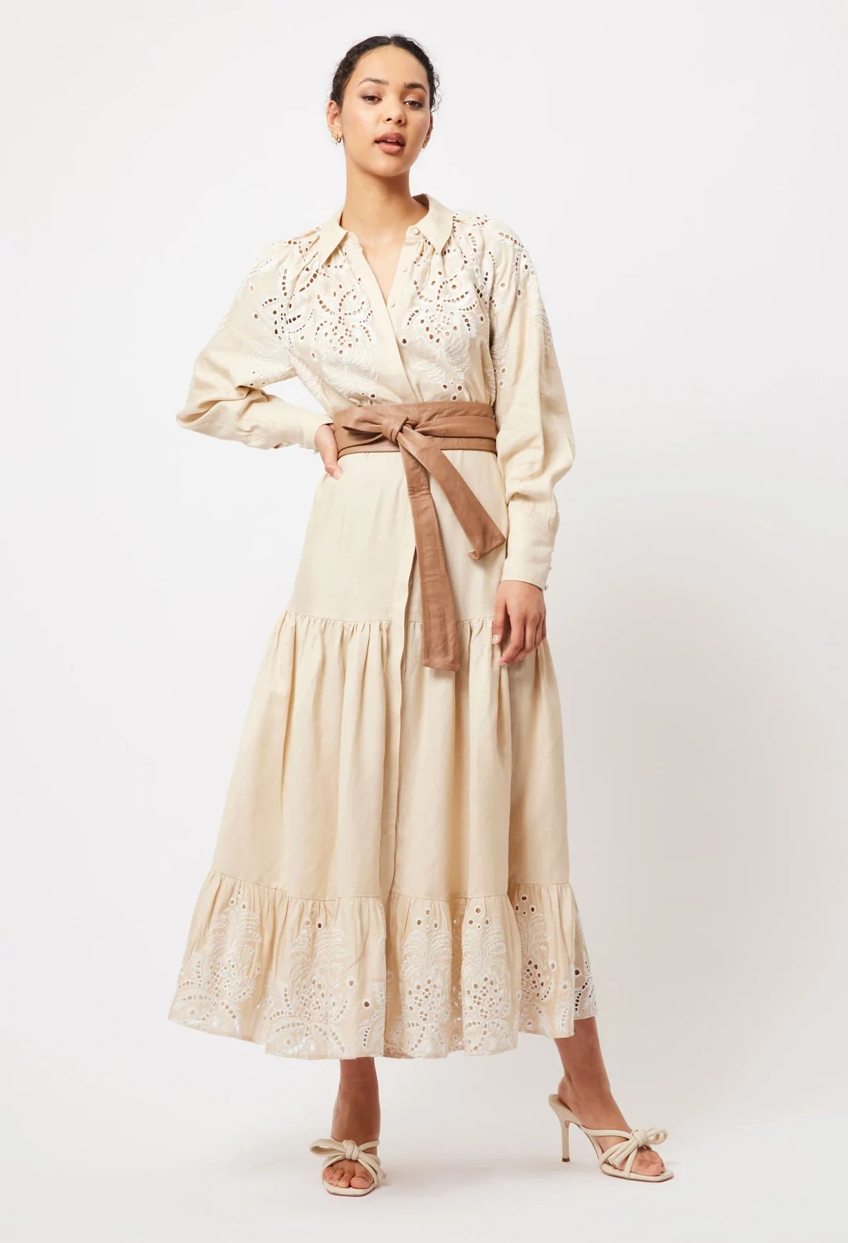 Shop Estelle Embroidered Linen Dress │ Sand - ONCEWAS