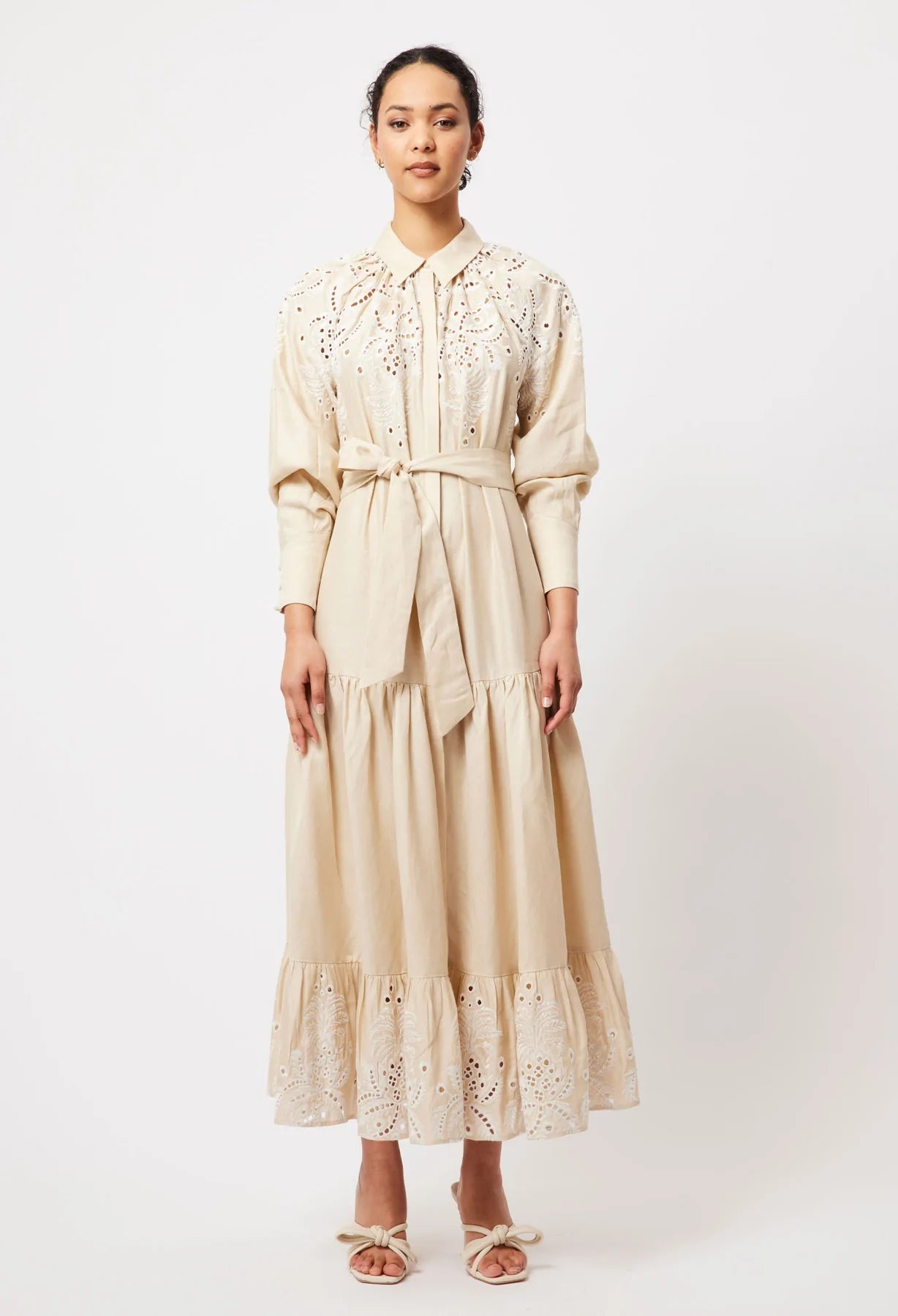 Shop Estelle Embroidered Linen Dress │ Sand - ONCEWAS