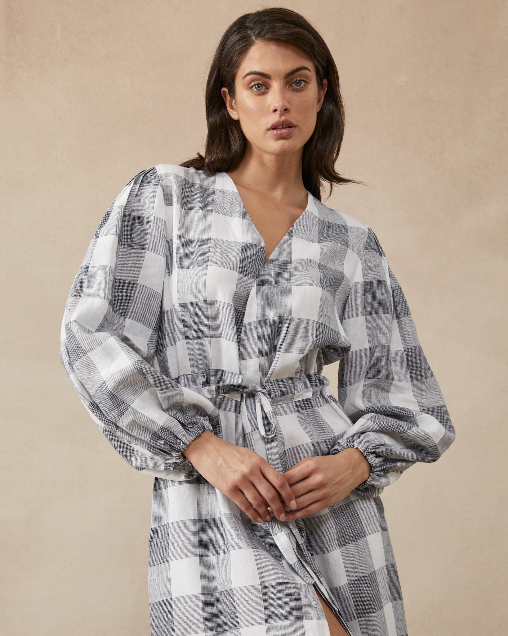 Shop Lauren Dress | Navy Linen Check - Maggie The Label