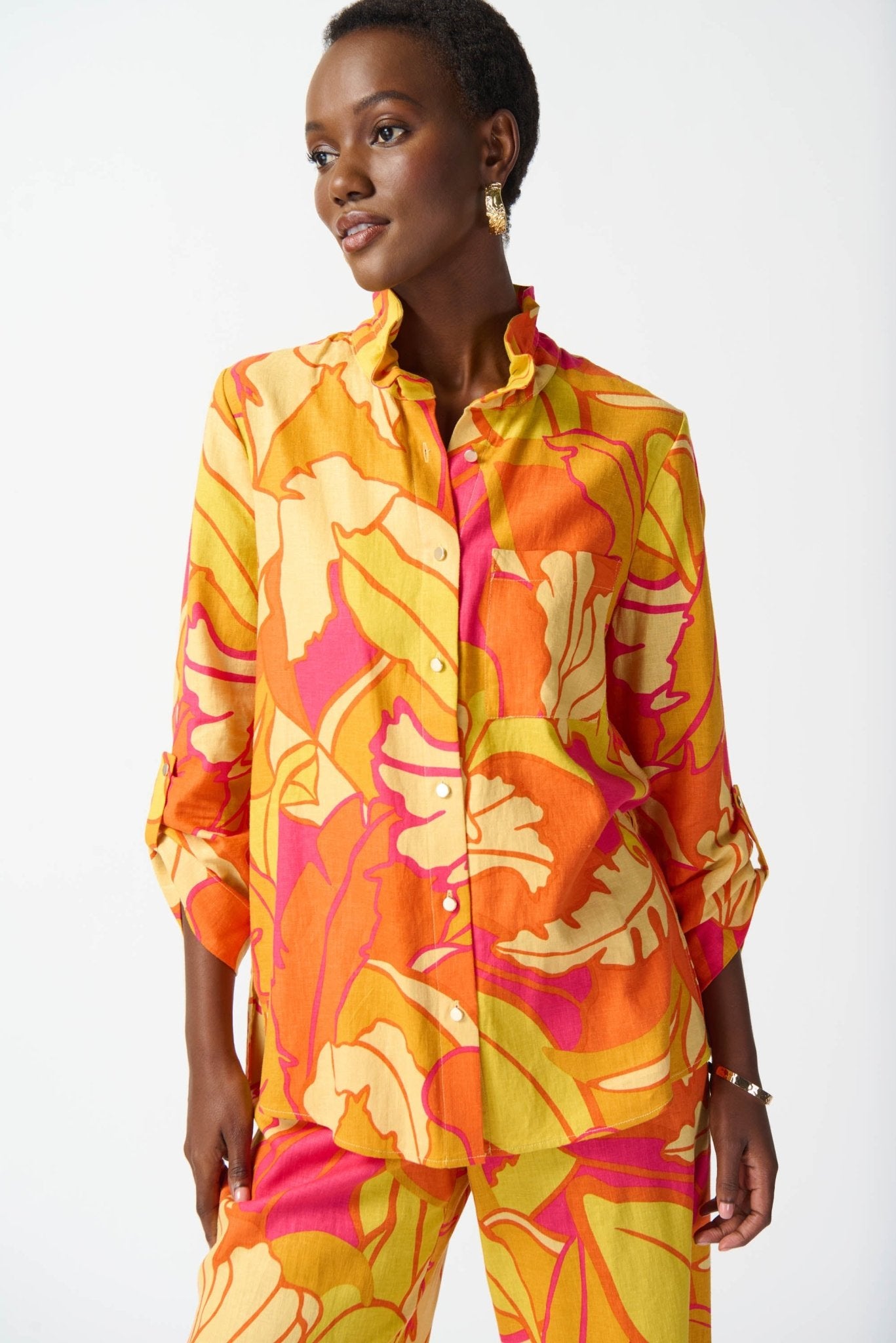 Shop Linen Blend Floral Print Trapeze Blouse Style 242108 | Pink Multi - JOSEPH RIBKOFF