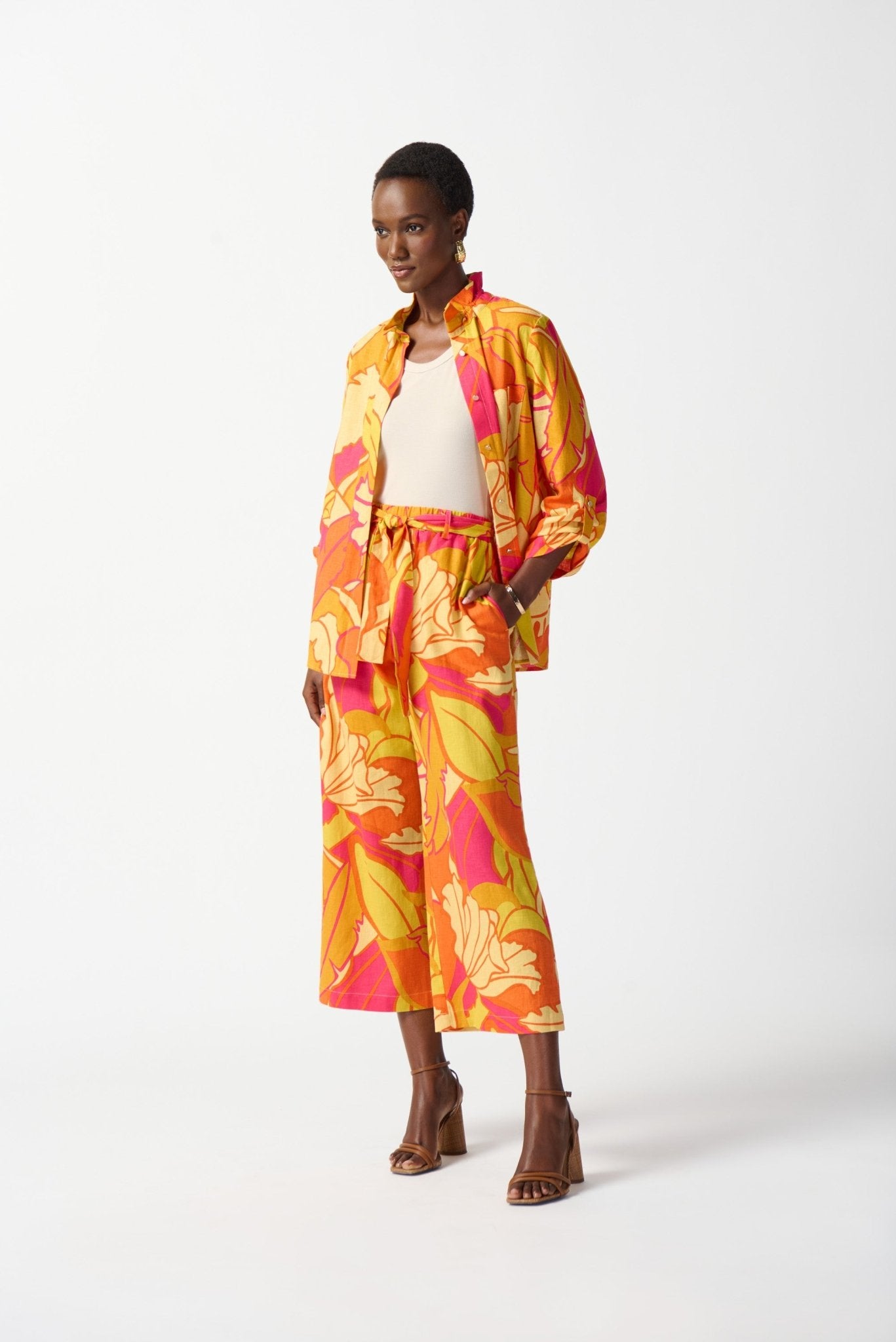 Shop Linen Blend Wide-Leg Crop Pants Style 242910 | Pink Multi - Joseph Ribkoff