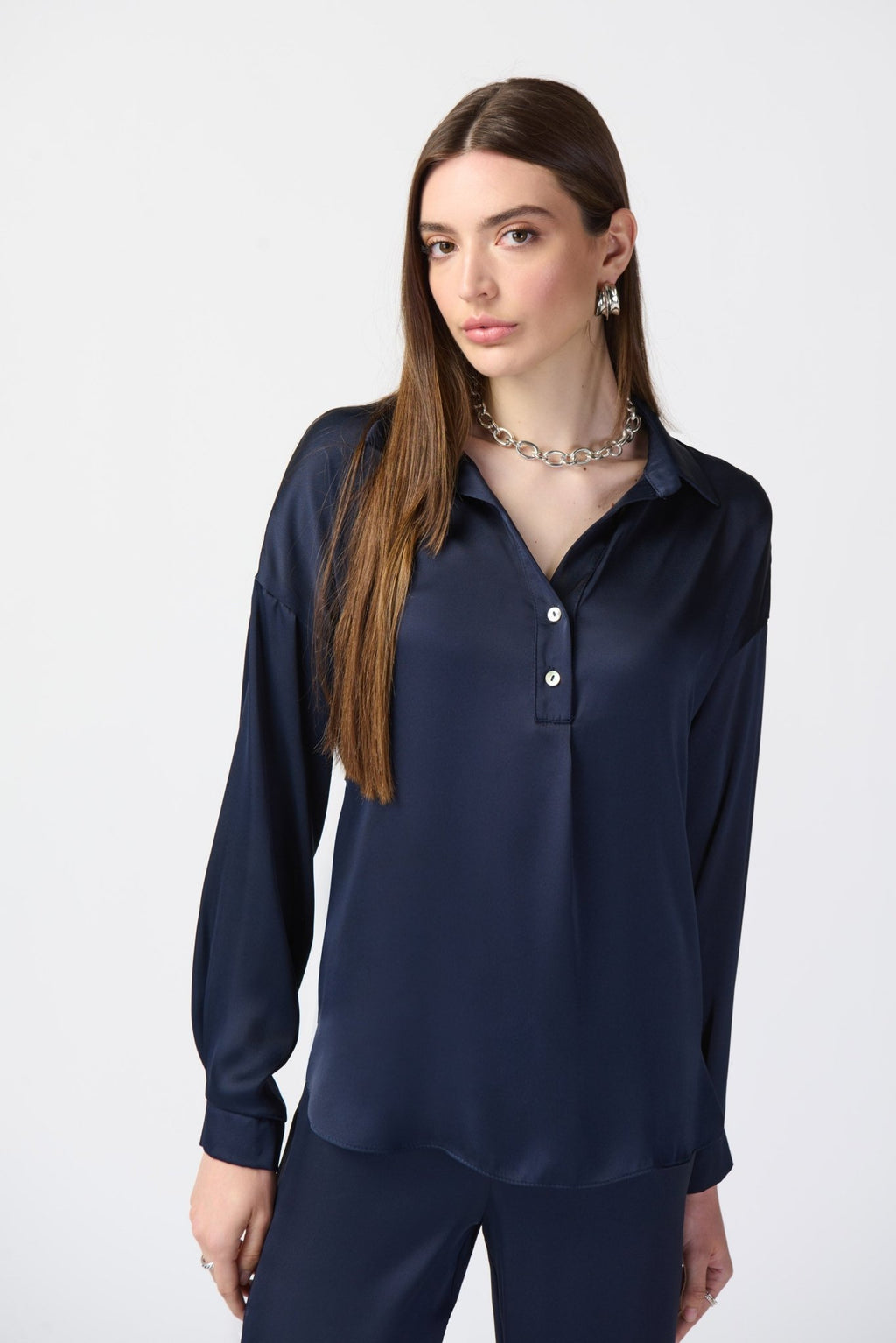 Shop Long Sleeve Satin Top Style 241242 | Midnight Blue - JOSEPH RIBKOFF