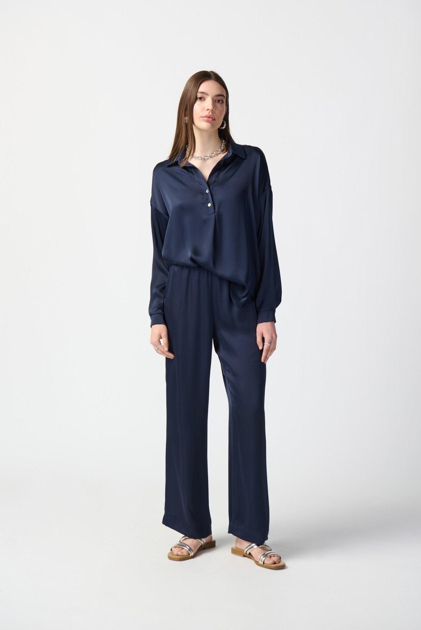 Shop Long Sleeve Satin Top Style 241242 | Midnight Blue - JOSEPH RIBKOFF