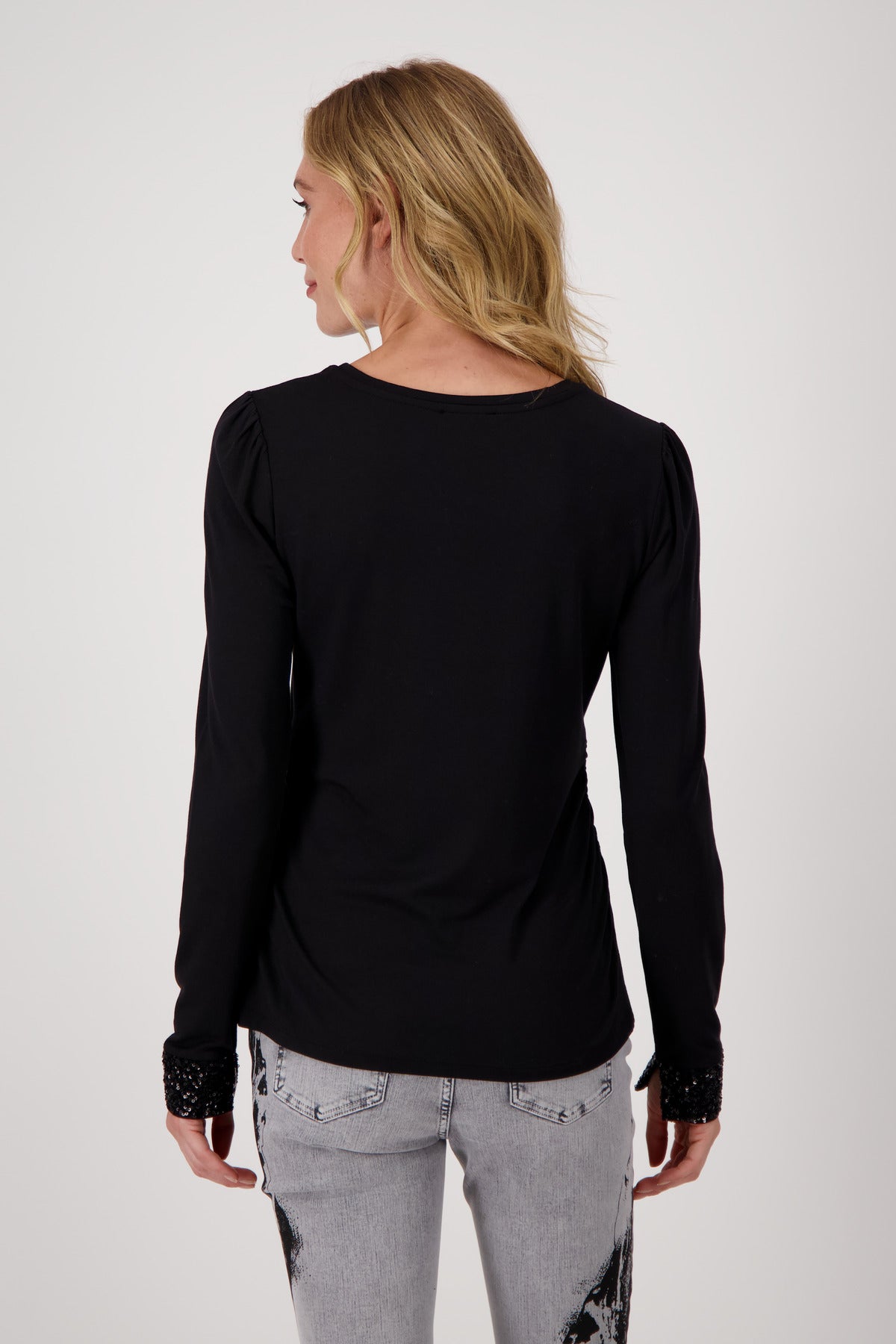 Shop Long Sleeve T-Shirt with Sequin Cuff | Black - Monari