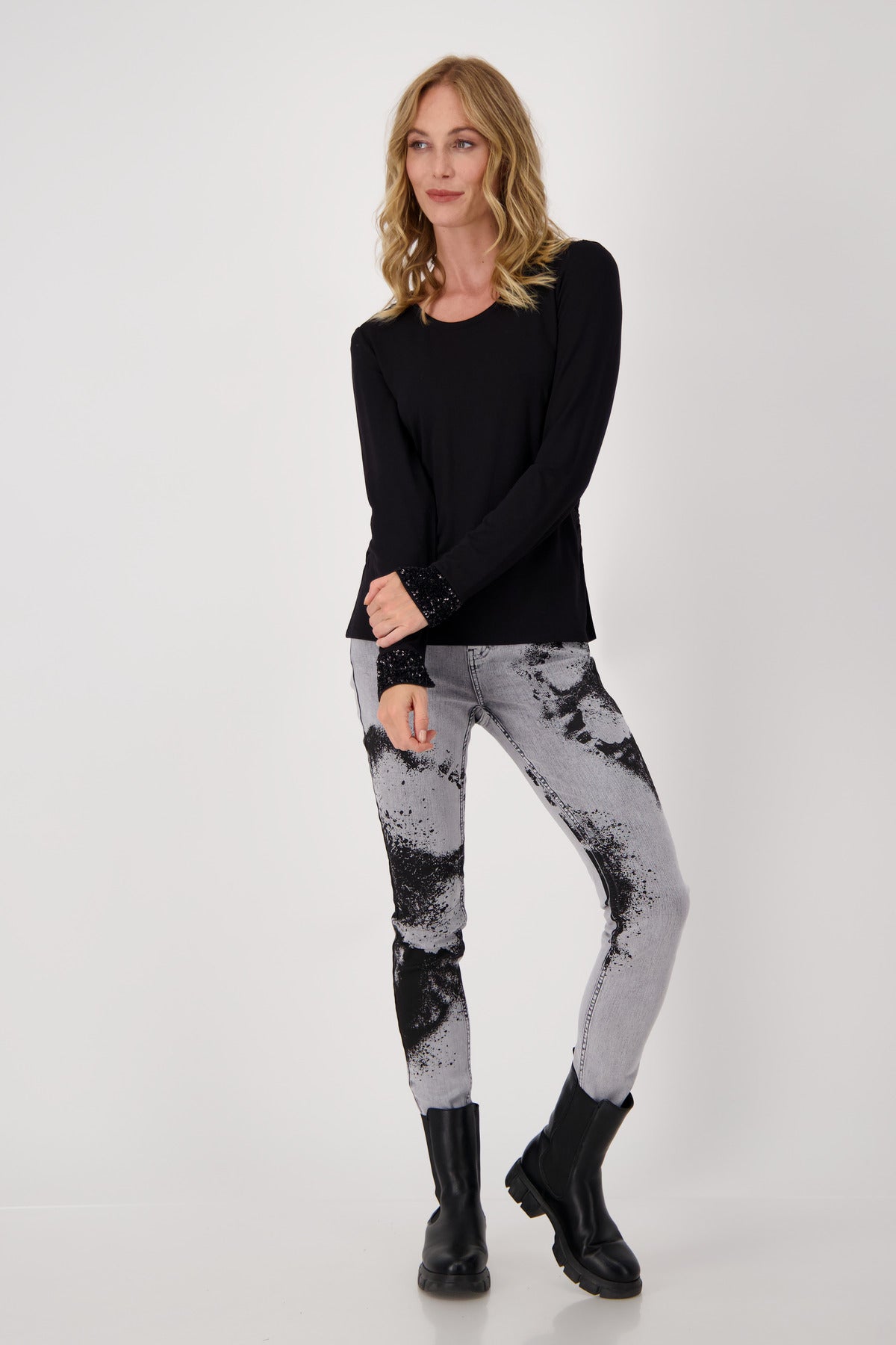 Shop Long Sleeve T-Shirt with Sequin Cuff | Black - Monari